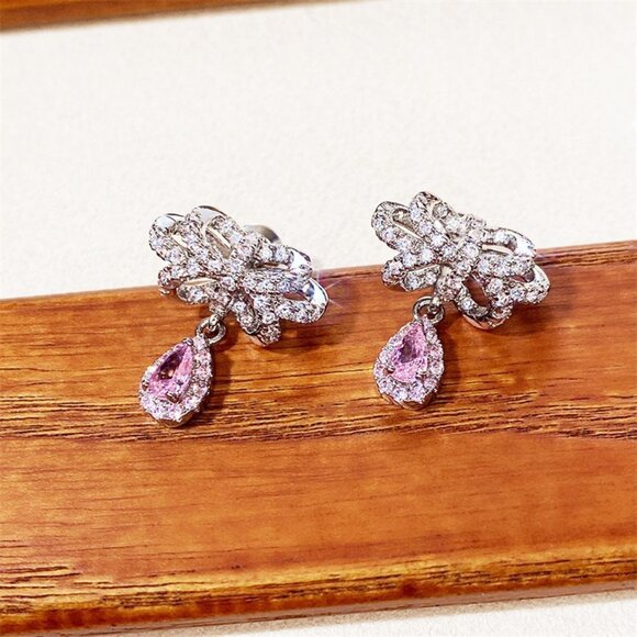 🔥 Diamond CZ Water Drop Crystal Fairy Bow Shape Earring for Women, HA4543 - Picture 5 of 5